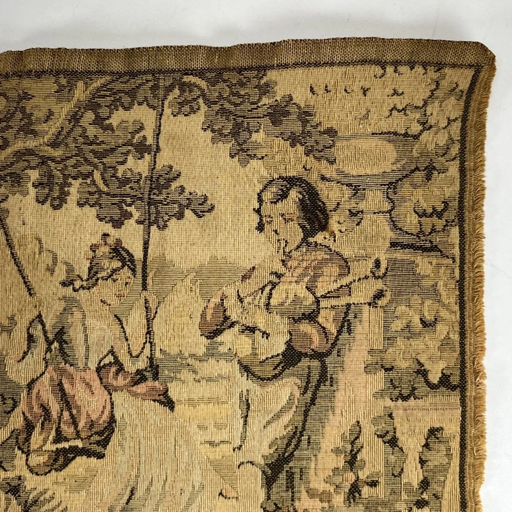 Antique French Tapestry Square Ladies Swing Man Textile Rococo Jacquard Victoria